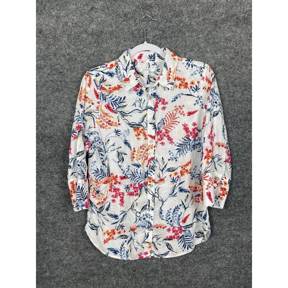 Chico's Linen Shirt Sz 1 (Medium) White w Red and Blue Floral Print Pearl Button